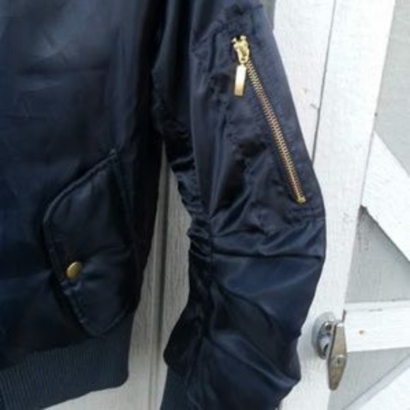 Pretty Little Things Black Satiny Bomber jacket w/gold Zips sz Small NWOT - Picture 6 of 8